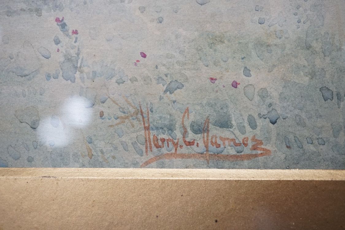 Harry E. James (act.1888-1902), watercolour, Woman with chickens in a landscape, signed, 12.5 x 35cm, gilt framed. Condition - fair